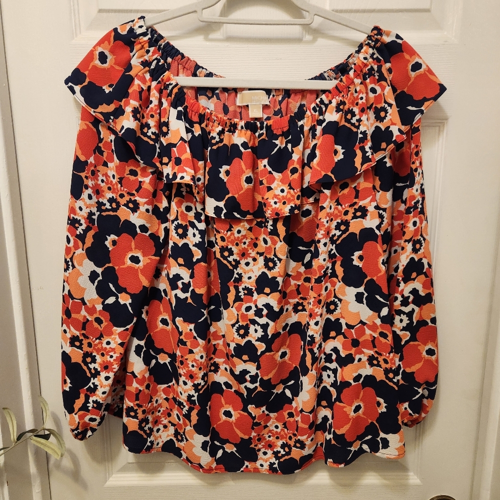 Michael Kors Floral Off-Shoulder Blouse in Coral and Blue